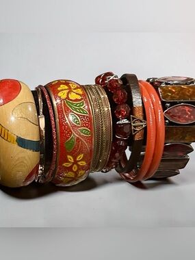 Boho Vintage Mixed Media Bracelet Stack Red Orange Gold